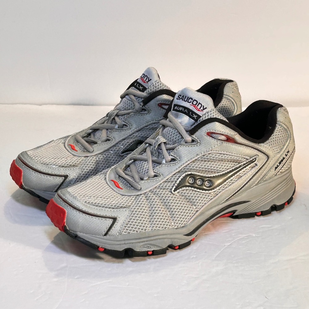 Vintage Saucony Aura LX Y2K Metallic Silver & Red Runners Sneakers Men's Size 9